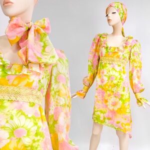 Vintage 60s Mini Dress Chiffon Floral Empire Ruffle Bishop Sleeve + Shawl XS S